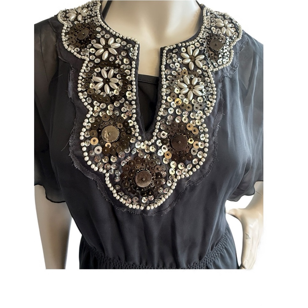 Trixxi Juniors 9 Embellished Beaded & Sequin Chiffon Tunic Dress – Dark Gray - Picture 4 of 8